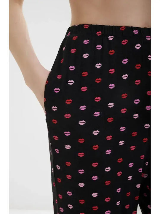 DKNY Летен Дамски Комплект Пижами Черен С Червени И Розови Устни