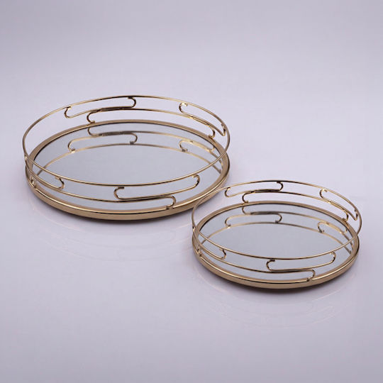 Decorative Metallic Round Tray with Mirror 39x39x6cm 2 Pieces