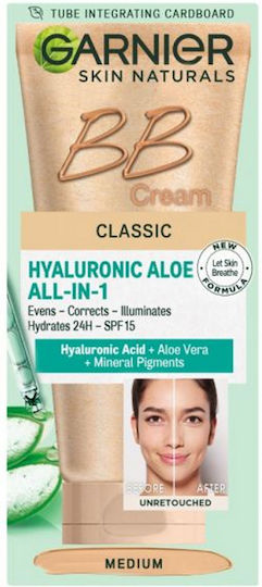 Garnier Hyaluronic Aloe All-in-1 BB Medium Cremă de Față de Zi 24h cu SPF10 pentru Hidratare, Reconstrucție și Strălucire cu Acid Hialuronic și Aloe Vera 50ml