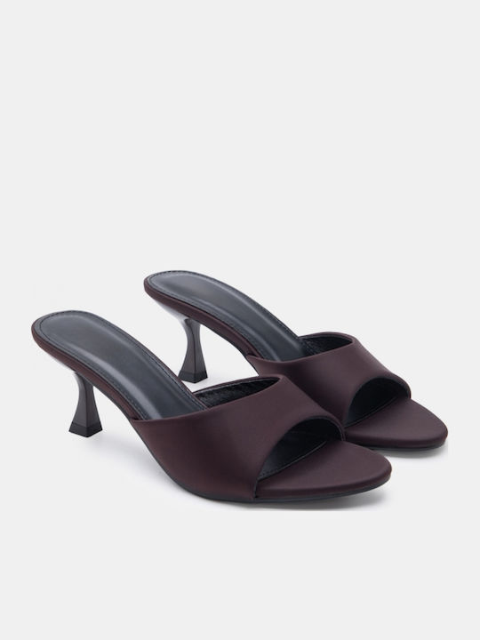 Satin Damen Pantoletten mit Hoch Absatz in Braune Farbe