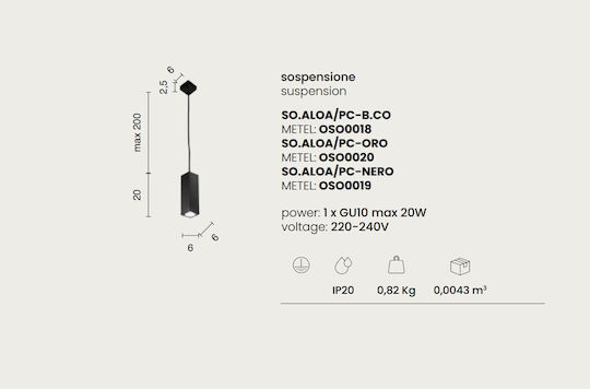 Ondaluce Aloa Висящо Таванно Осветително Тяло Златисто с Цокъл GU10 6x25x20см