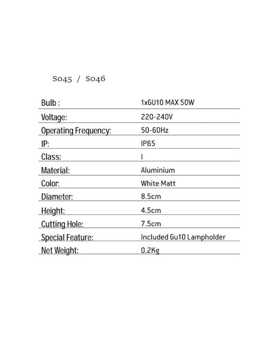 Zambelis Lights Rotund Metalic Spot Încorporat cu Soclu GU10 Alb 8.3x8.3cm. 1buc