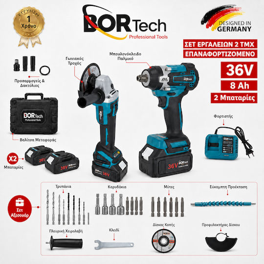 Bortech Set Eckiges Rad & Schlagschrauber 36V mit 2 Batterien 6Ah und Hülle