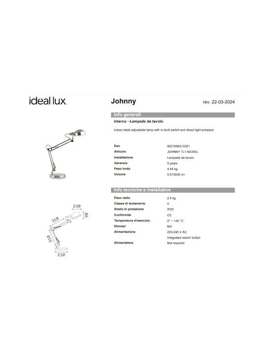 Ideal Lux Office Lamp with Foldable Arm for Socket E14 in Gray Color
