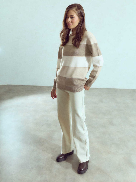 Celestino Damen Bluse Gestreift Mit Metallisierten Details Dunkel Beigetone