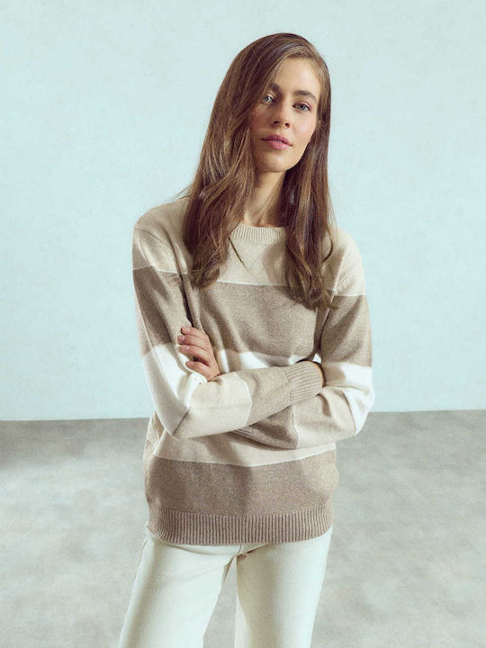 Celestino Damen Bluse Gestreift Mit Metallisierten Details Dunkel Beigetone