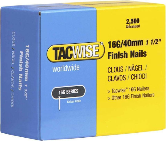 Set 2500 Cuie De Finisare Galvanizate Tacwise 0319 Tip 16g Calibru 16 Lungime 40 Mm Rezistente La Rugină Compatibile Cu Pistoale Pneumatice Electrice Cu Baterie Pentru Lucrări De Dulgherie Plăci Asamblare Mobilier