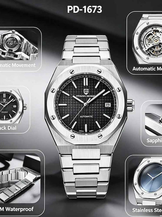 Pagani Design Ceas Bărbătesc 40mm Automat cu Brățară Din Oțel Black/Silver