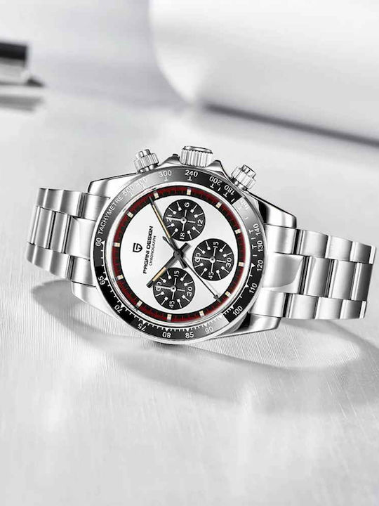 Pagani Design Ceas bărbătesc 40mm Cronograf cu Baterie și Brățară din Oțel White/panda