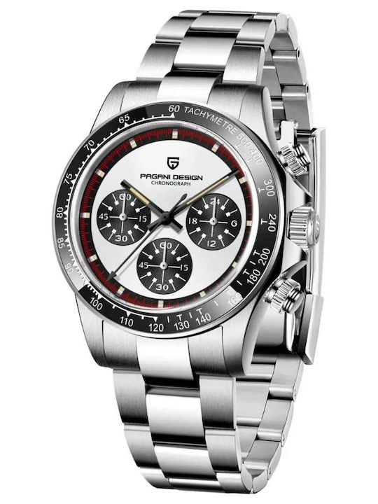 Pagani Design Ceas bărbătesc 40mm Cronograf cu Baterie și Brățară din Oțel White/panda