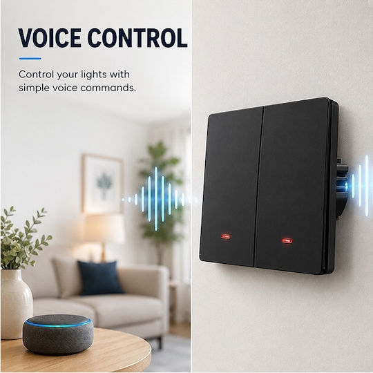 Qoltec Recessed Touch Wi-Fi Double Wall Switch with Black Frame