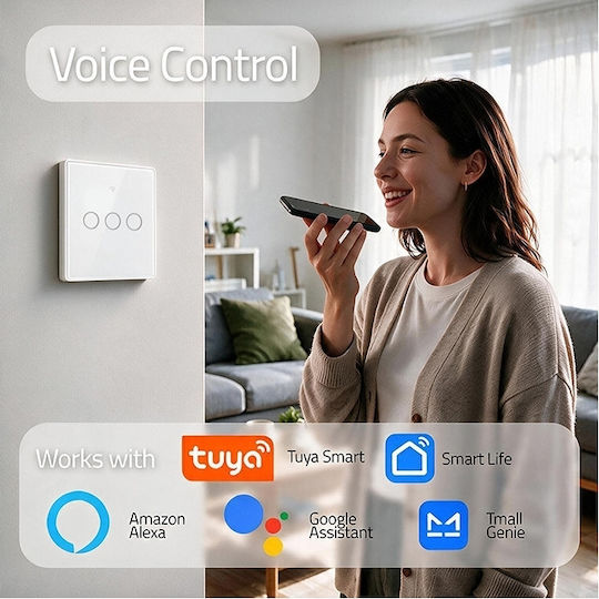 Qoltec Вграден Стенен Прекъсвач Сензорно Управление Wi-Fi с Рамка Бял