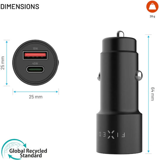 Fixed Auto-Adapter 63W Schnellladen mit Anschlüssen: 1xUSB-A 1xType-C Farbe Schwarz