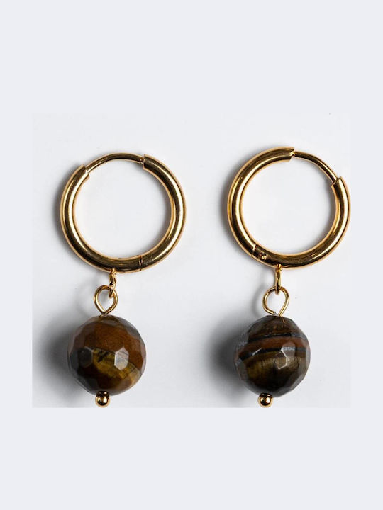 Cuoro Gold Plated Steel Hoop Earrings with Brown Stones