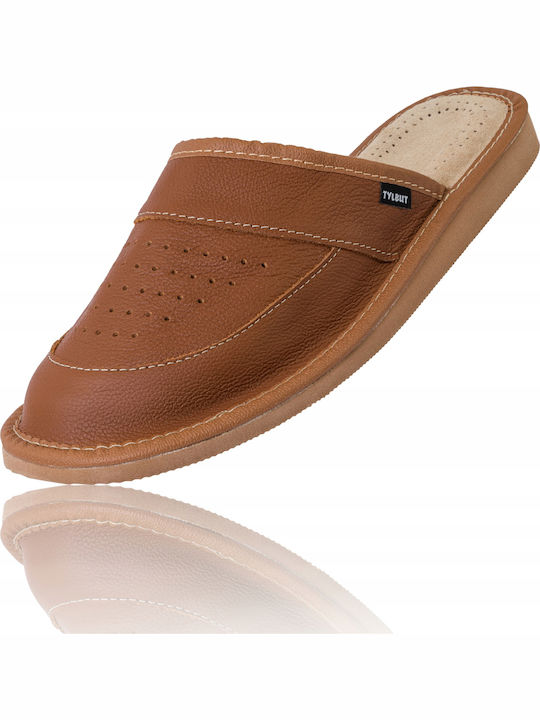Memory Foam Leather Men's Brown Slippers