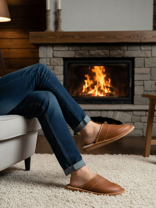 Memory Foam Leather Men's Brown Slippers