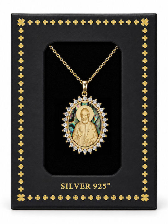 Ulysses Silver Pendant "Saint Paisios" Silver 925 14k Gold Plating Zircon Nacre Chain Gold Plated Silver 925