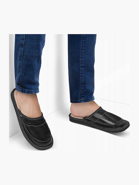 Memory-Schaum Leder Herren Hausschuhe Schwarz