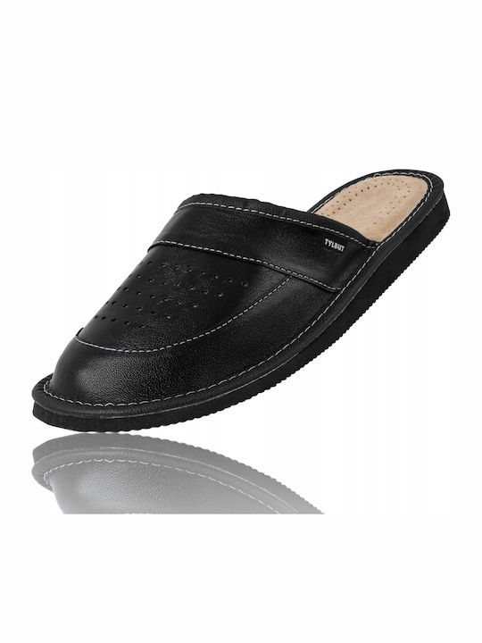 Memory-Schaum Leder Herren Hausschuhe Schwarz