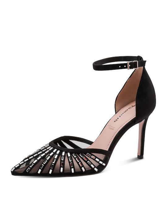 Synthetic Leather Pointed Toe Black High Heels with Strap