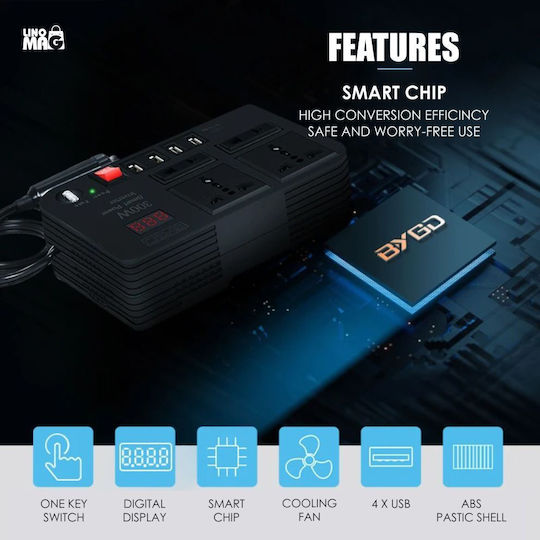 Portable Car Voltage Inverter Linomag 12v Dc To 220v Ac 300w Digital Display Universal Eu Uk Usa Au Outlets 4.1a Usb Overvoltage Protection Black