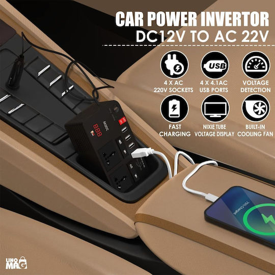 Portable Car Voltage Inverter Linomag 12v Dc To 220v Ac 300w Digital Display Universal Eu Uk Usa Au Outlets 4.1a Usb Overvoltage Protection Black