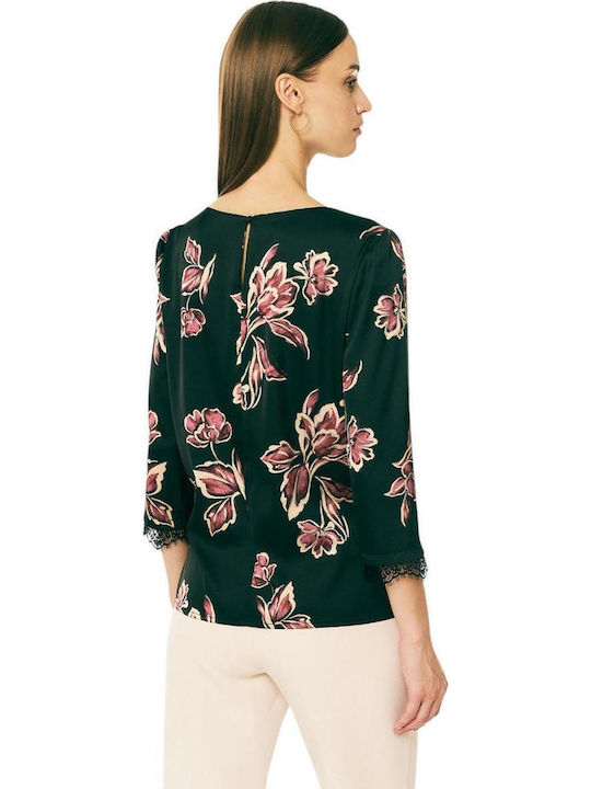 Damen Bluse aus Satin mit 3/4 Ärmel Blumen Schwarz