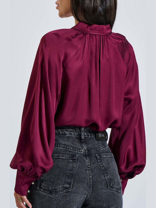 Women's Satin Blouse with V-Neck Burgundy