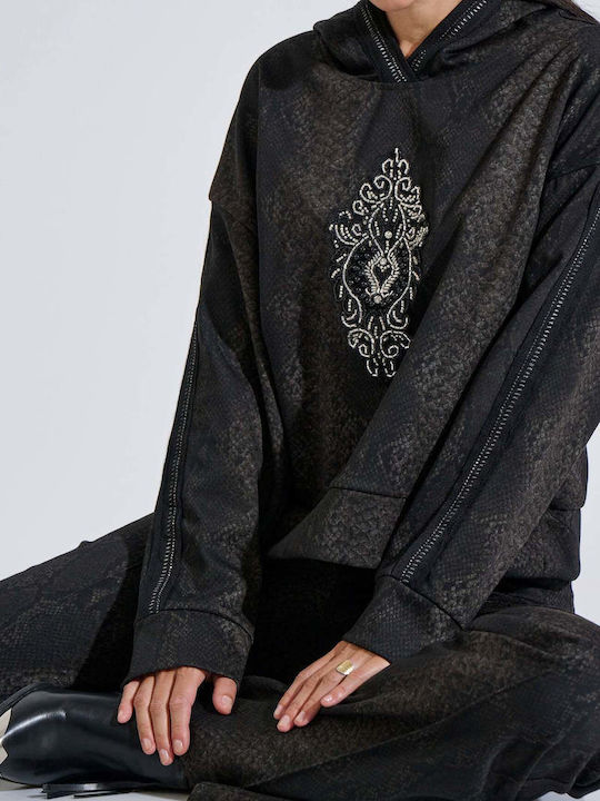 Damenbluse mit Kapuze Tierdruck Schwarz
