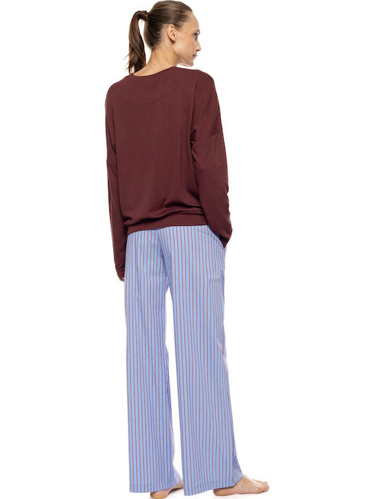 Pink Label Sommer Damen Schlafanzughose Soft Blau/bordeaux