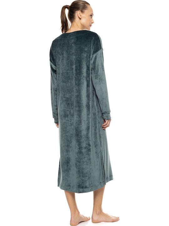 Pink Label Winter Samt Damen Nachthemd Yacht Blau