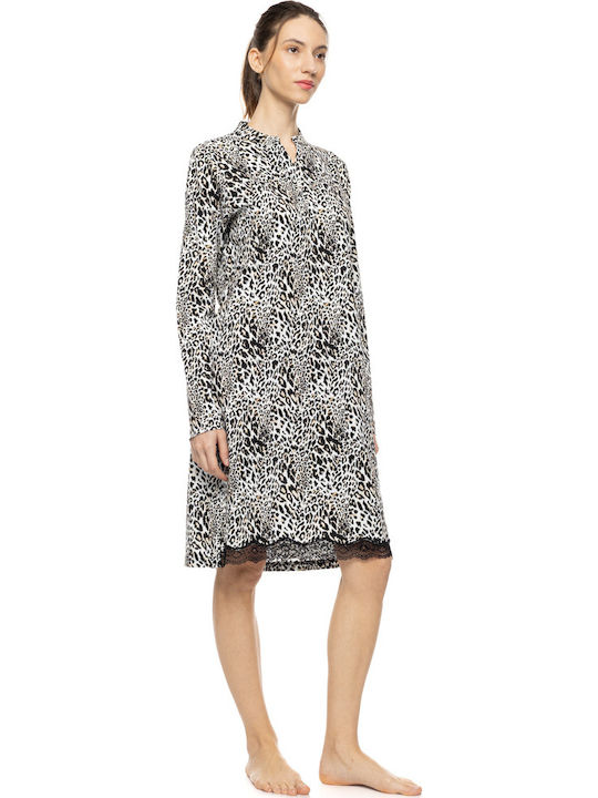 Pink Label Winter Women's Nightgown Ivory Leopard
