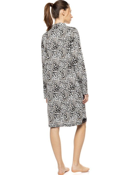 Pink Label Winter Women's Nightgown Ivory Leopard