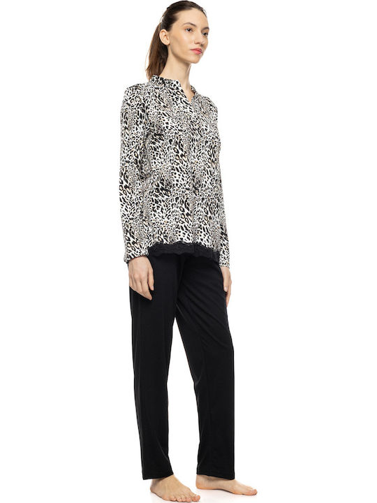 Pink Label Winter Women's Pyjamas Set Ivory Leopard