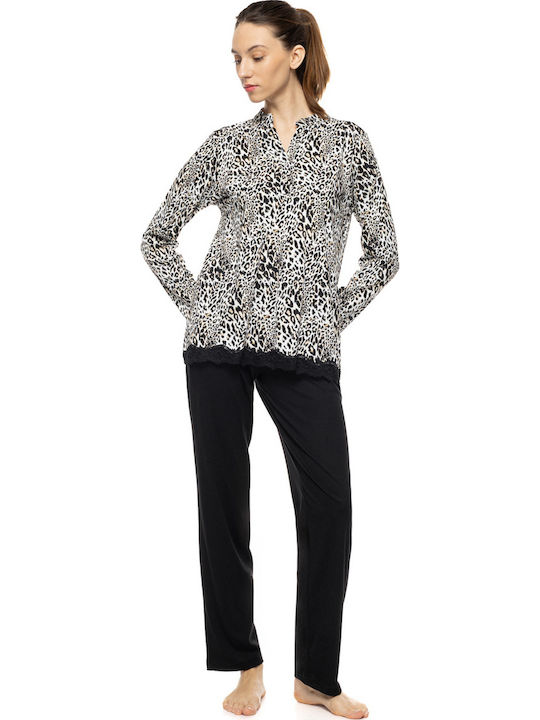Pink Label Winter Women's Pyjamas Set Ivory Leopard
