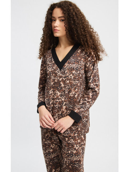 Minerva Minerva Damen Schlafanzug Set Winter Baumwolle Braun Leopard Tier