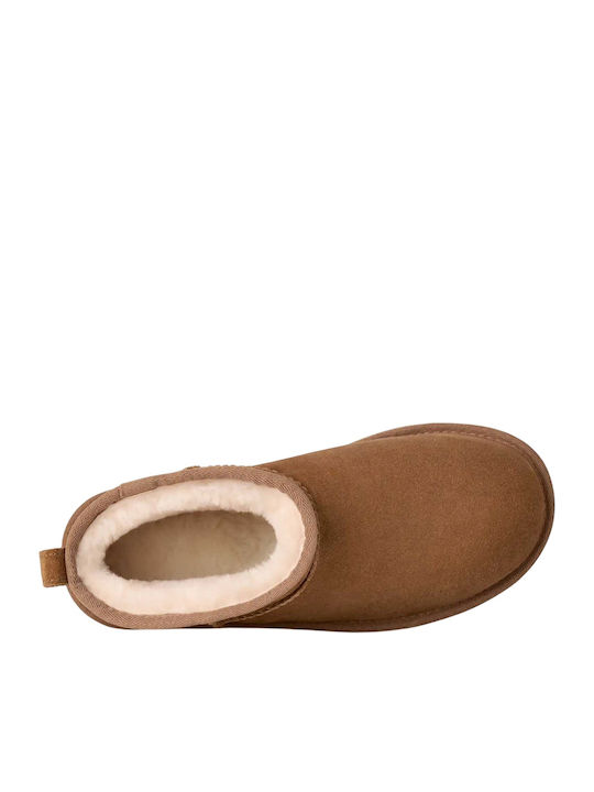Classic Ultra Mini Platform Suede Women's Ankle Boots with Fur Brown