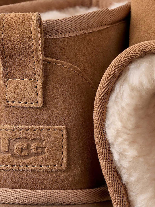 Classic Ultra Mini Platform Suede Women's Ankle Boots with Fur Brown
