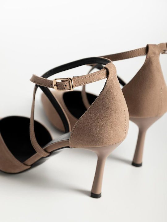 Wildleder Pumps mit Stiletto Absatz & Riemchen Braun