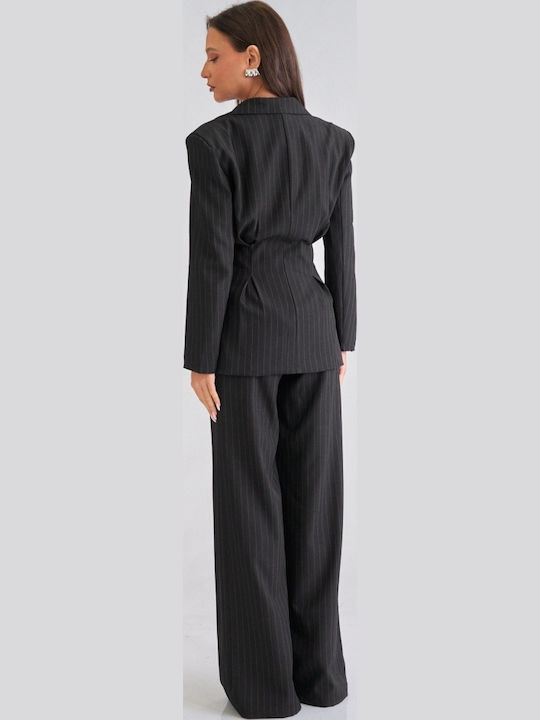 Women's Black Set with Striped Trousers