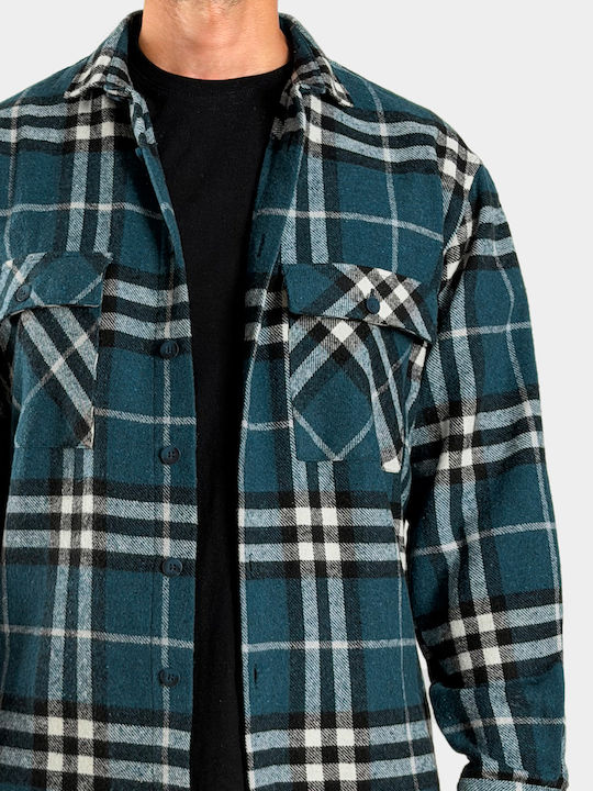 Long Sleeve Flannel Overshirt in Regular Fit Checked Petrol Blue