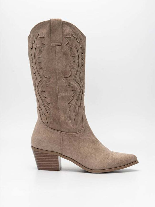 Suede Women's Cowboy Boots Beige