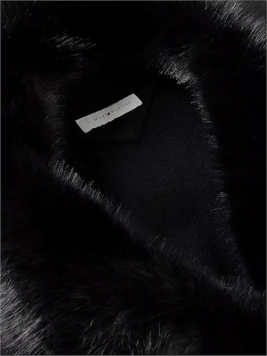 Wool Women's Coat Black Oversized with Fur Details