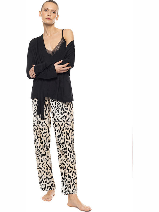 Pink Label Sommer Damen Schlafanzughose Sand Leopard
