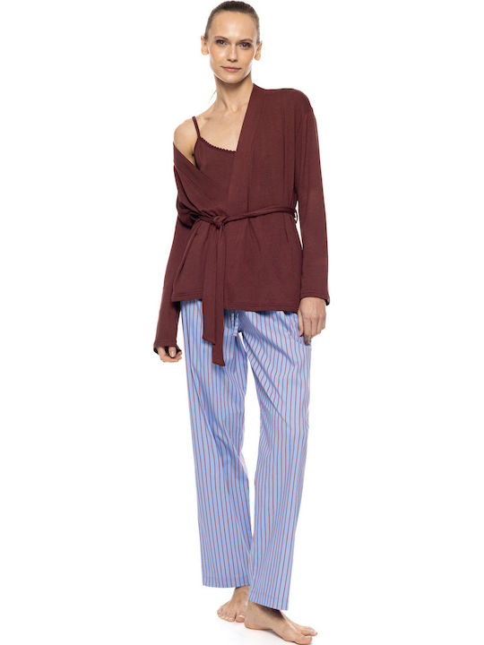 Pink Label Sommer Damen Schlafanzughose Soft Blau/bordeaux