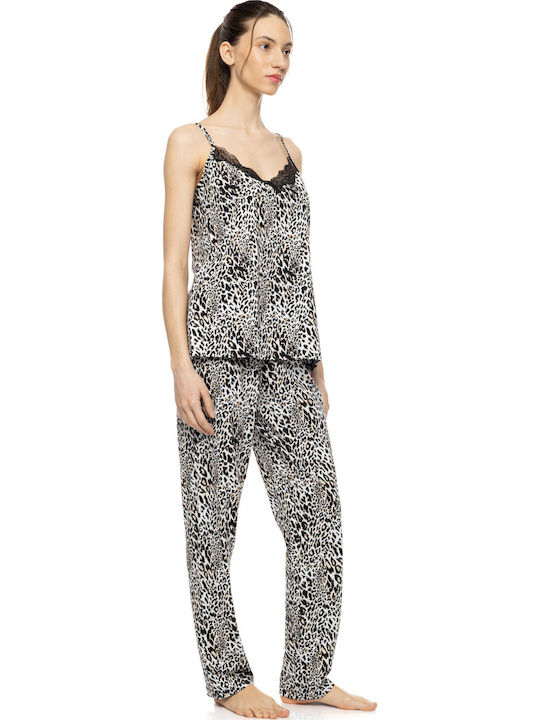Pink Label Sommer Damen Schlafanzug Hosen Ivory Leopard