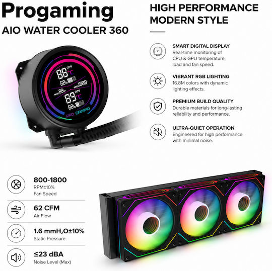 ProGaming IceView 360 Wasserkühlung AIO CPU mit 3 Lüfterabmessung 120mm und ARGB Beleuchtung