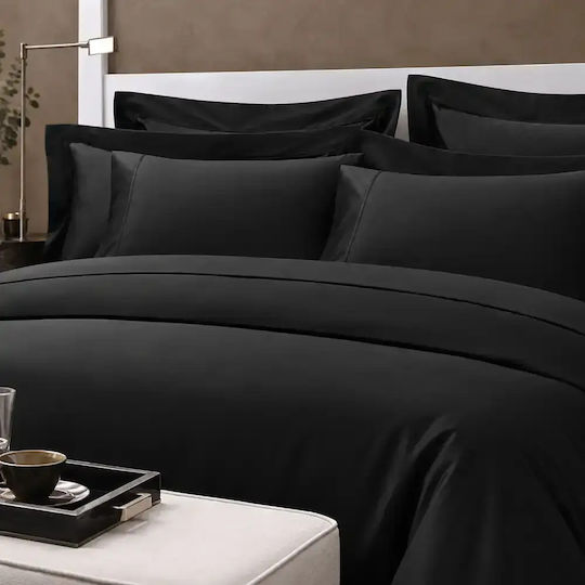 Valeron Set Huse Pentru Pilote 200x220cm Dublă Cu 4 Fețe De Pernă & 1 Cearșaf Negru
