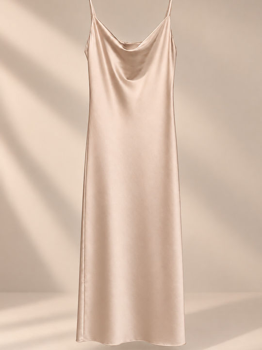 Summer Maxi Evening Satin Drape Slip Dress with Tearing Beige