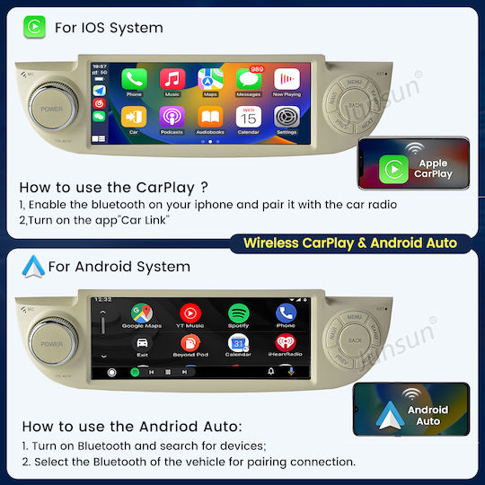 Junsun 6 86" Android 15 Multimedia 2GB/64GB Fiat 500 2007-2015 CarPlay Wireless Android Auto GPS DSP Alb